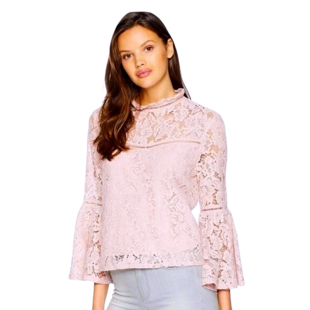 Jack by‎ BB Dakota Pink Lace Mock Neck Long Bell Sleeve Blouse Top Womens L